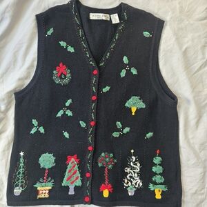 Victoria Jones Woman Festive Vintage Black Holiday Sweater Vest Sz 2x Detailed